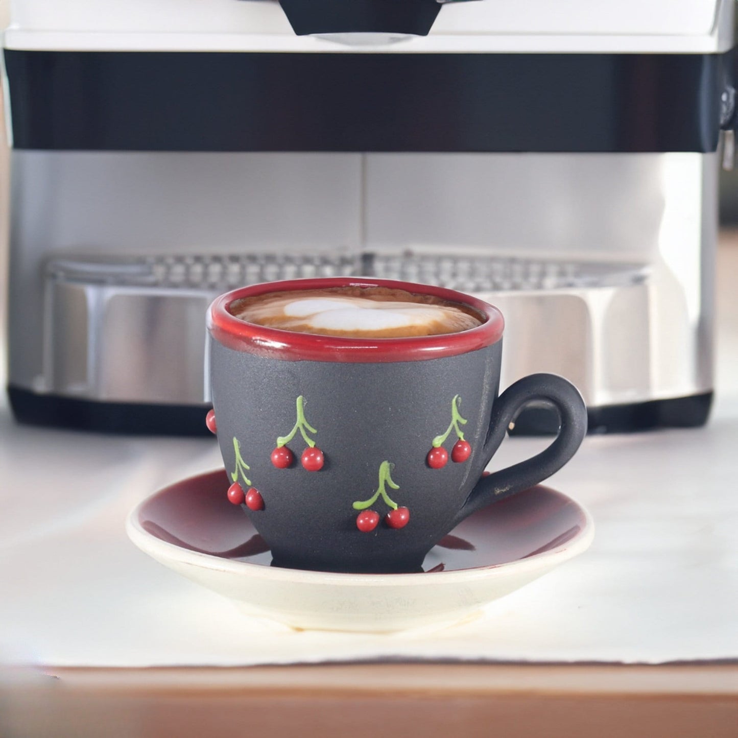 Ceramic Espresso Mug Set: Hand-Painted Cherry & Daisy Design