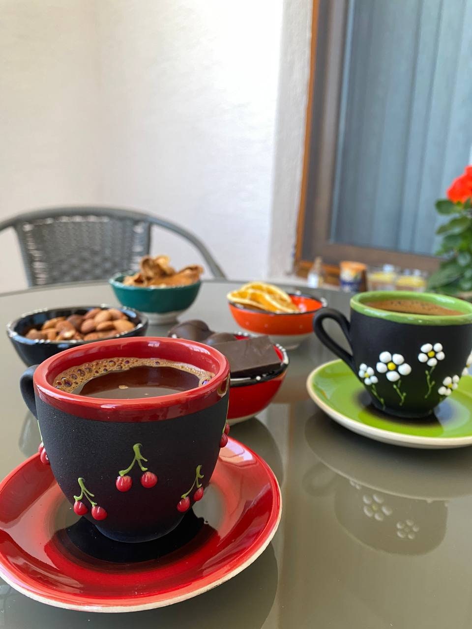 Ceramic Espresso Mug Set: Hand-Painted Cherry & Daisy Design