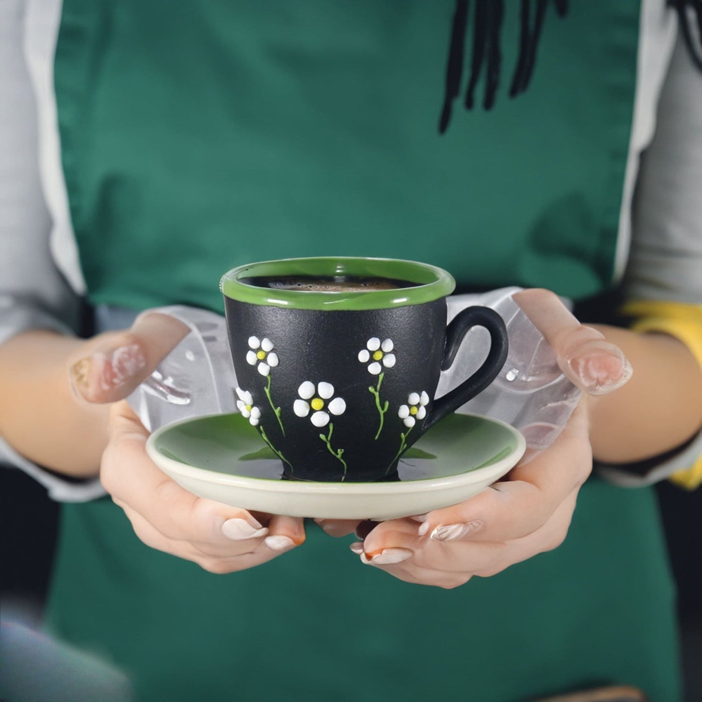 Ceramic Espresso Mug Set: Hand-Painted Cherry & Daisy Design