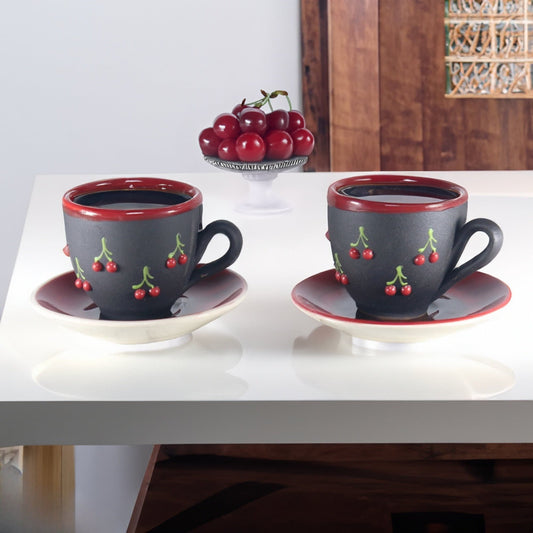 Ceramic Espresso Mug Set: Hand-Painted Cherry & Daisy Design