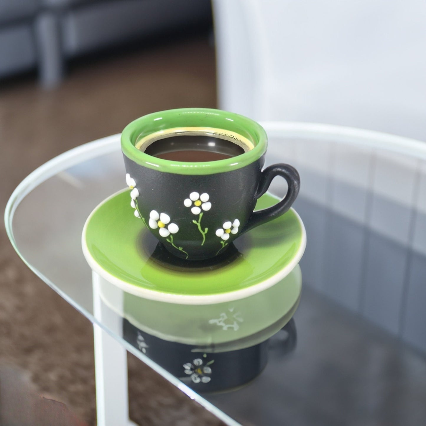 Ceramic Espresso Mug Set: Hand-Painted Cherry & Daisy Design